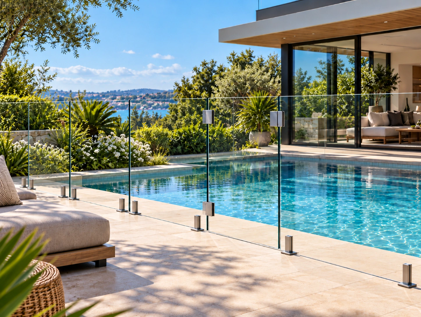 Protection de piscine en verre avec portillon et jardin paysager