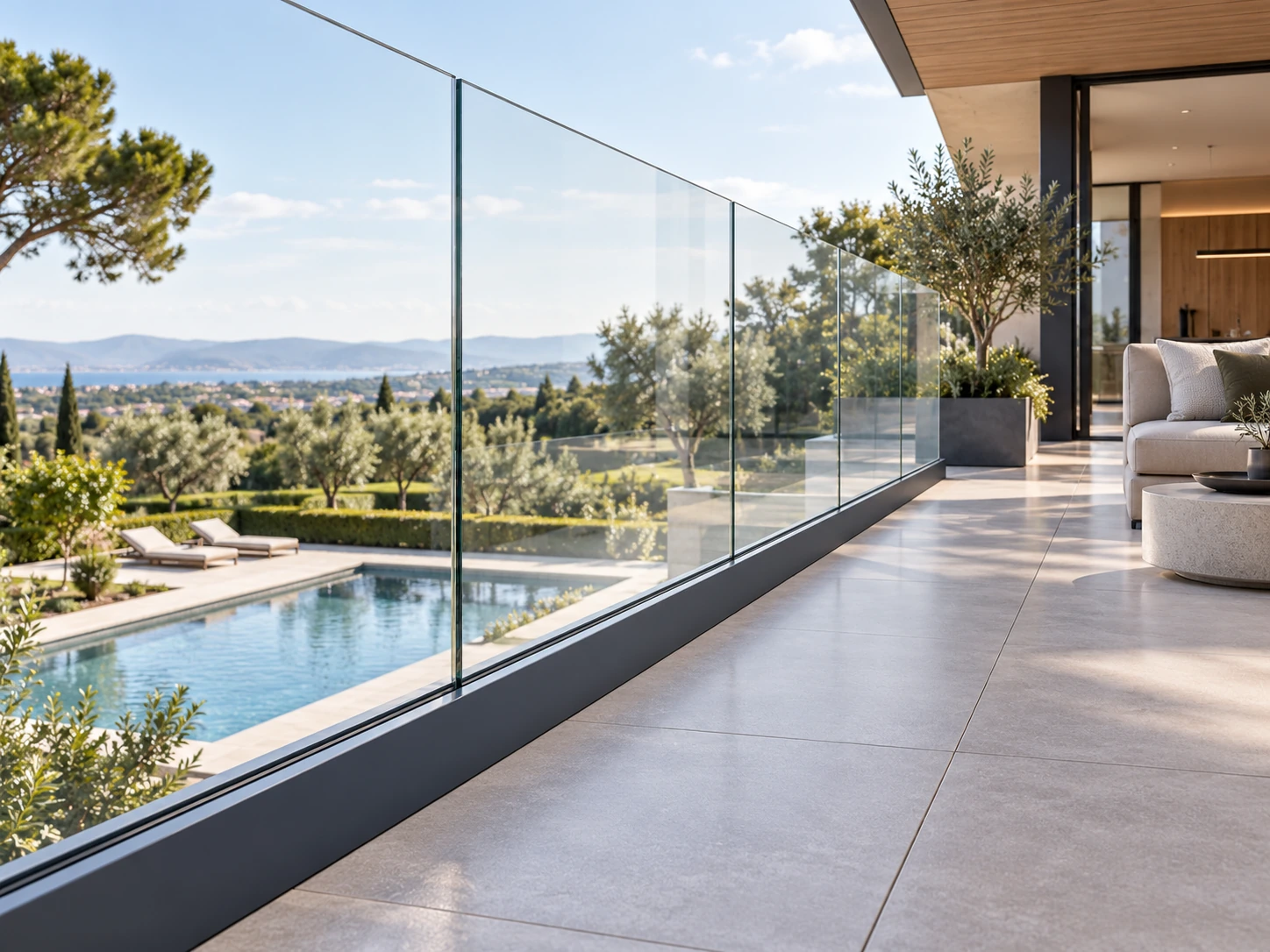 Garde-corps transparents à profil aluminium bas sur le bord d’une terrasse moderne